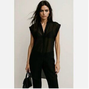 Guess Marciano Women's Silk Shirt Tunic Small Sheer Black Whimsigoth Cap Sleeves